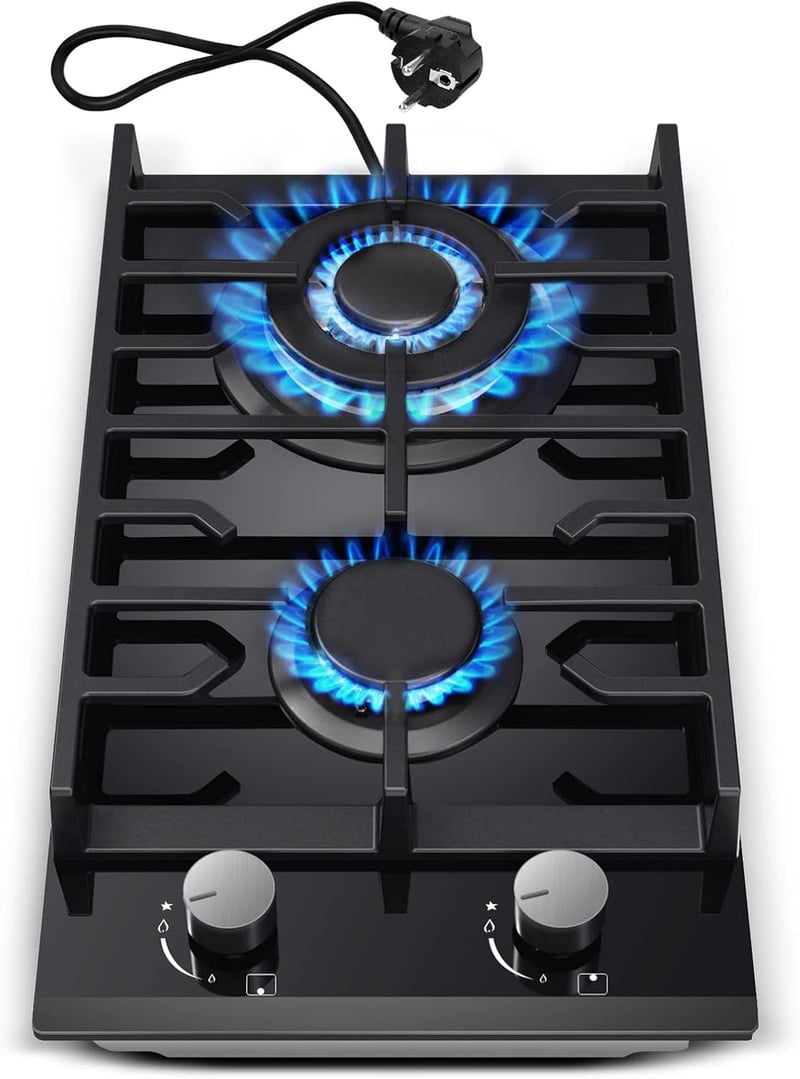 TopStrong 2 Égős Gázfőzőlap, 30 cm Edzett Üveg, Beépíthető, Öntöttvas Tartóval, Kettős Üzemmód, Gyermekzárral, 5200W, Fekete