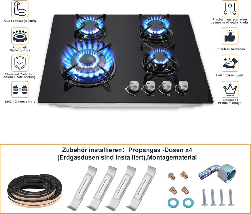 TopStrong 4 égős gázfőzőlap 60 cm, 8060 W, automata biztonsági védelemmel