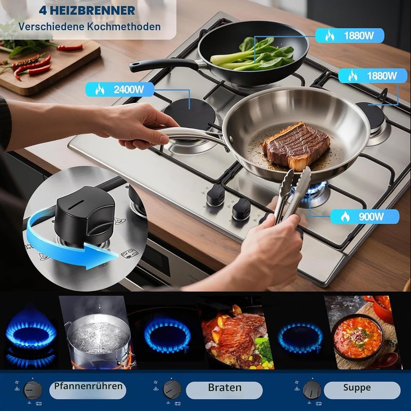 TopStrong Beépíthető Gázfőzőlap 4 égővel, Rozsdamentes Acél, Automatikus Lángvédelem