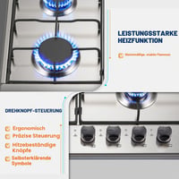 TopStrong Beépíthető Gázfőzőlap 4 égővel, Rozsdamentes Acél, Automatikus Lángvédelem 4
