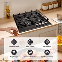 TopStrong 60 cm Beépíthető Gázfőzőlap 4 Égővel - Fekete Edzett Üveg, Öntöttvas Tartókkal, Gyermekzárral, Lángbiztosítékkal, NG/LPG Kompatibi 8