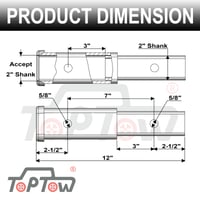Prelungitor pentru cârlig de remorcare TOPTOW 64333, pentru receptoare de 2 inchi (5,1 cm), extensie de 7 inchi (17,8 cm), cu știft de fixare de 5/8 inchi (1,6 cm) 2