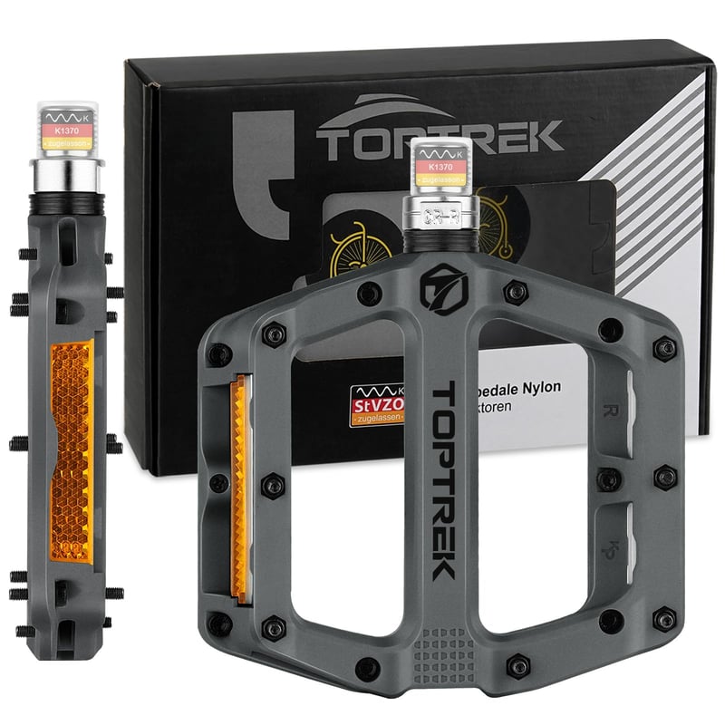 toptrek Kerékpár Pedál StVZO Reflektorral, Nylon Kompozit Lapos Pedál, 3 Csapágyas Csúszásmentes MTB Pedál, 9/16 Colos, Szürke, Trekking/MTB