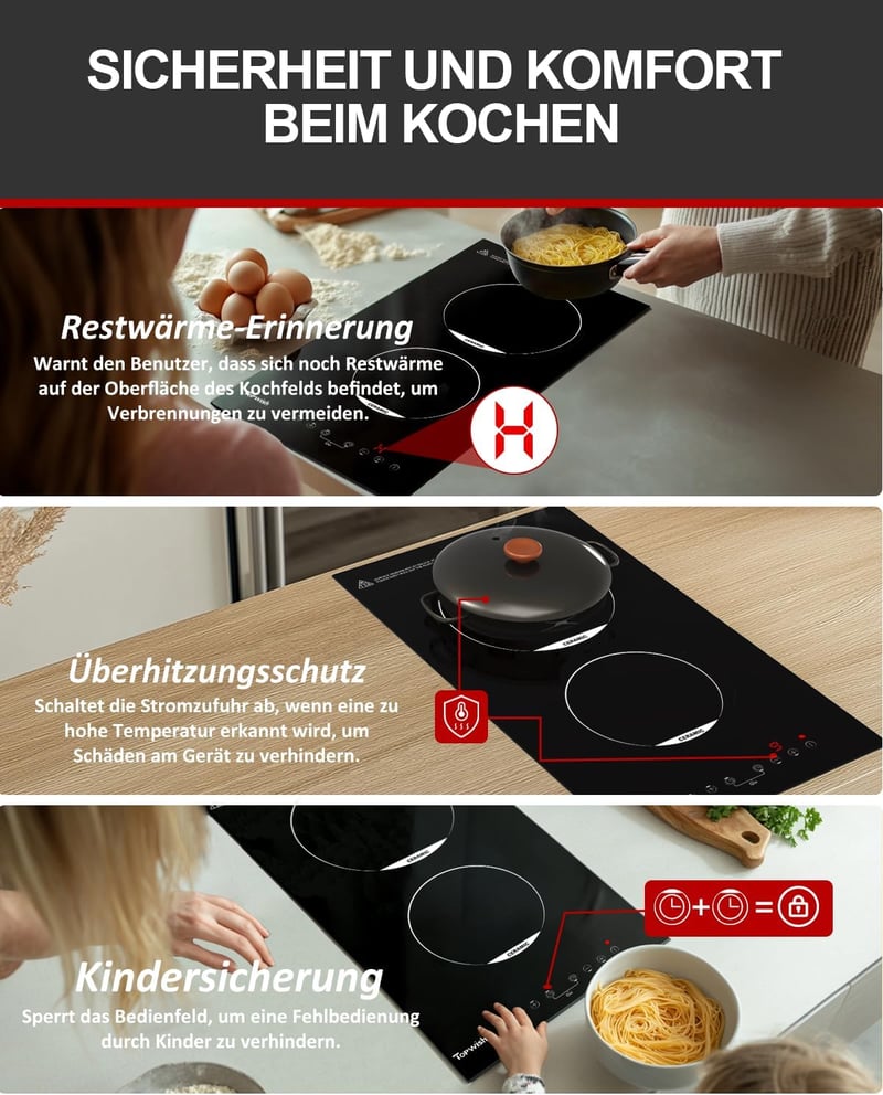 Topwish 2 zónás üvegkerámia főzőlap érintésvezérléssel, 9 fokozat, időzítő