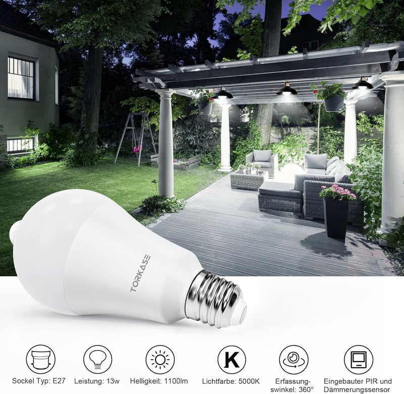 Torkase E27 LED Mozgásérzékelős Izzó 13W (100W helyett) - 5000K Hideg Fehér, 1100 Lumen, Lépcsőhöz, WC-be, Kertbe, Erkélyre, Garázsba - 2 db