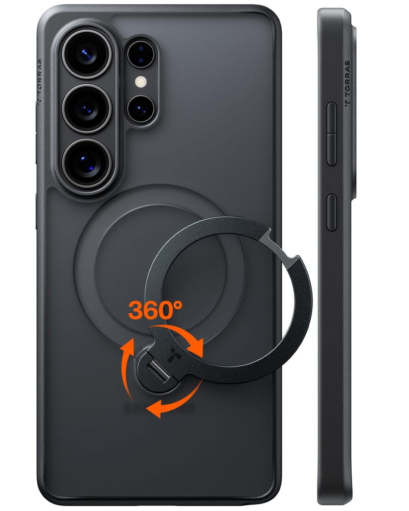 Kryt TORRAS Ostand Q3 Spin na Samsung Galaxy S26 Ultra – 360-stupňový otočný prstencový stojan, kompatibilný s MagSafe, nárazuvzdorný, čierny