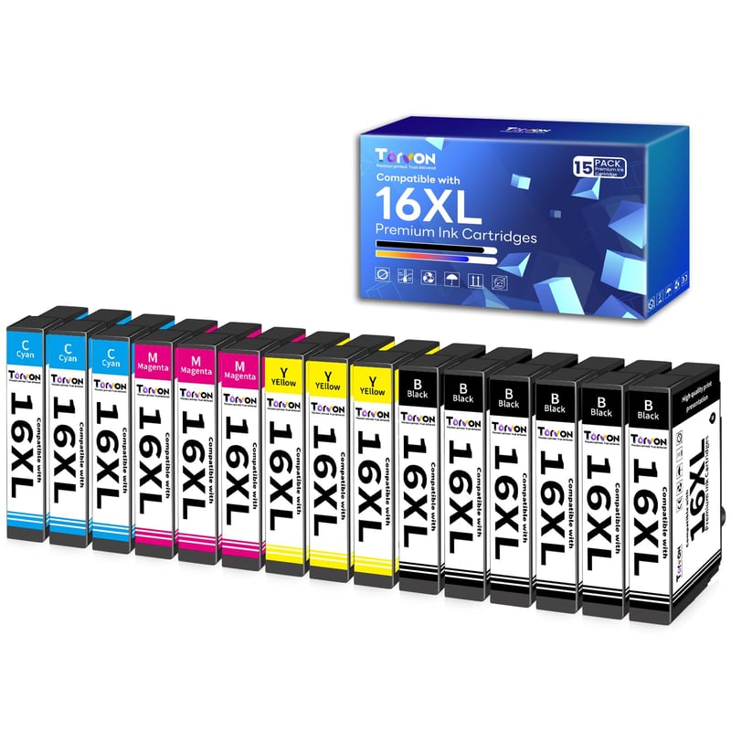 Balenie kompatibilných atramentových kaziet Torvon 16XL pre tlačiarne Epson WF-2750 WF-2760 WF-2630 WF-2660 WF-2510 WF-2540 WF-2530 WF-2650, 15 ks čiernych