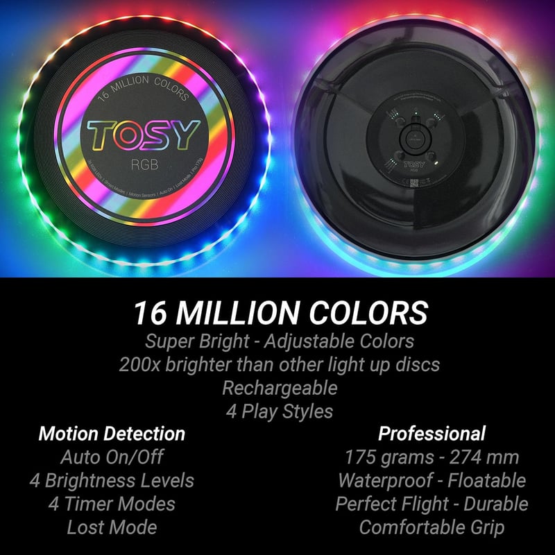 TOSY LED repülő korong 108 RGB világítással, vízálló, USB töltős, kültéri játék