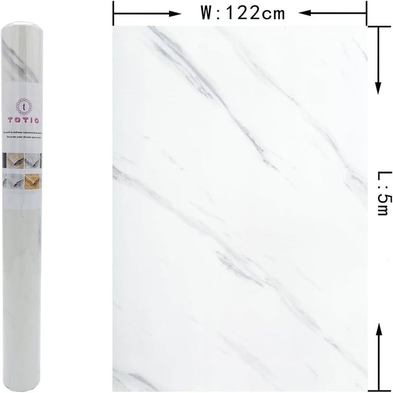 TOTIO 122 cm x 5 m extra széles öntapadós márványhatású vinyl dekorfólia fehér matt falra konyhába fürdőbe munkapultokhoz