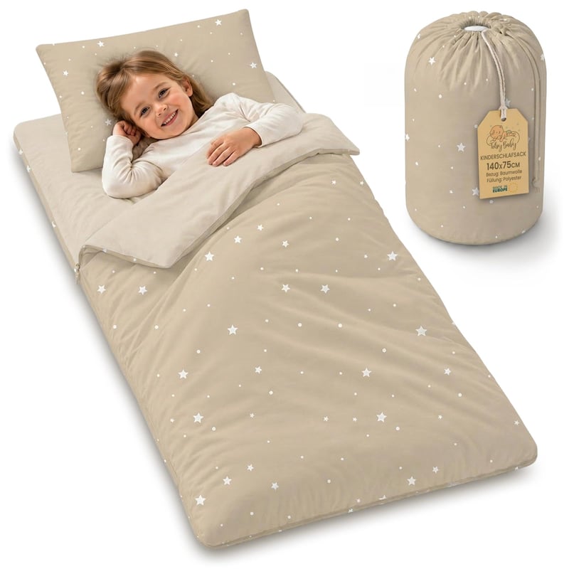 Detský spací vak Totsy Baby s vankúšom a zipsom pre deti od 3 do 7 rokov – 75x140 cm, vzor žirafy, škôlkarský spací vak s certifikátom Oeko-Tex