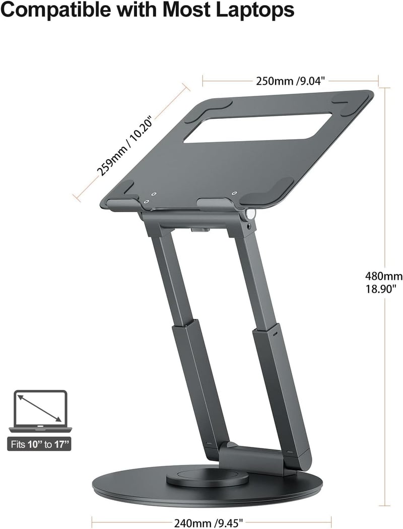 Tounee Állítható Laptop Állvány 360° Forgatható Bázissal, 10-17" Gépekhez, Ergonomikus Szürke