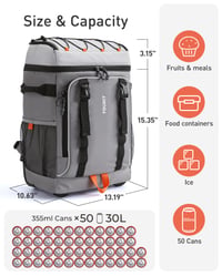 Rucsac Termic cu Roți TOURIT 30L, Capacitate 50 de Doze, Geantă Termică Portabilă Izolată pentru Călătorii, Camping și Drumeții, Gri 3