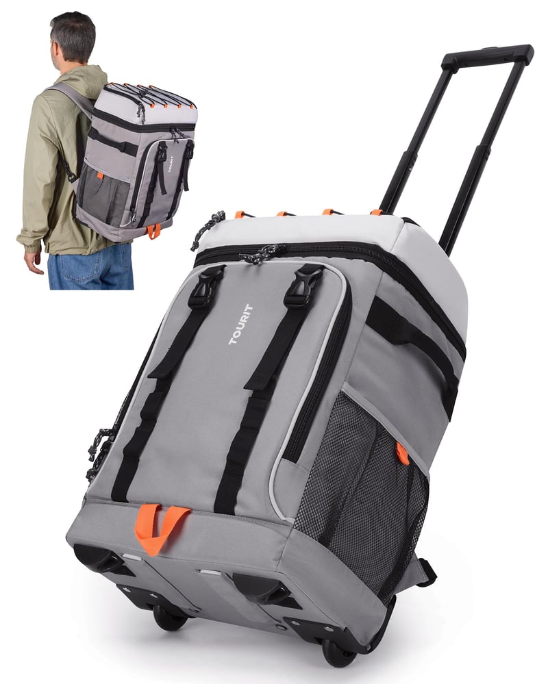 Rucsac Termic cu Roți TOURIT 30L, Capacitate 50 de Doze, Geantă Termică Portabilă Izolată pentru Călătorii, Camping și Drumeții, Gri