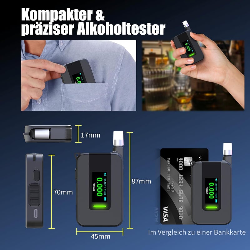 TOWALIVE Alkoholteszter Elektrokémiai Szenzorral, Pontos Alkoholmérő IPS Kijelzővel és 15 Szájfészekkel