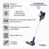 Akumulátorový vysávač Tower T513008 VL35 3 v 1 s HEPA filtrom a hlavicou proti namotávaniu vlasov, 1 l, 22,2 V, tmavomodrá a strieborná 2