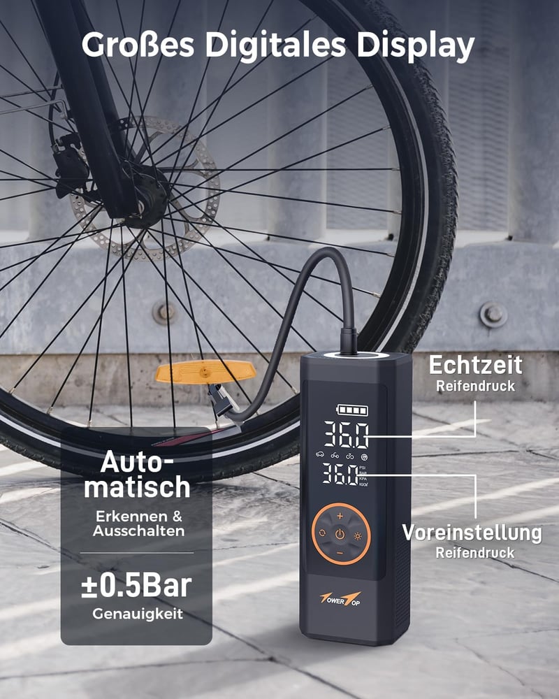 TowerTop 150 PSI Elektromos Légpumpa 7800 mAh Akkumulátoros Kerékpár Pumpa LED Kijelzővel - Black