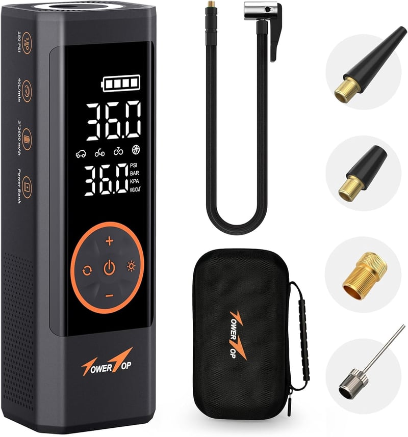TowerTop 150 PSI Elektromos Légpumpa 7800 mAh Akkumulátoros Kerékpár Pumpa LED Kijelzővel - Black