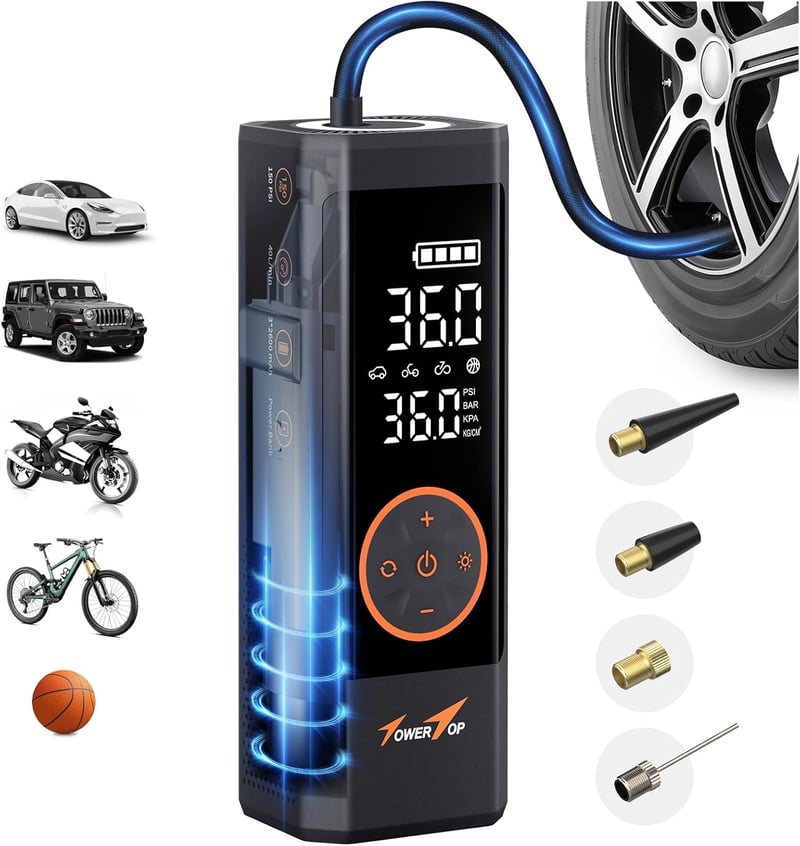TowerTop 150 PSI elektromos légpumpa 7800 mAh akkumulátorral, LED kijelzővel