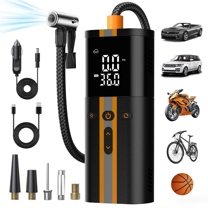 Pompă electrică pentru bicicletă TowerTop 12V DC, 150 PSI, flux dublu, 6000 mAh, umflare de 5 ori mai rapidă, 4 moduri presetate, manometru digital, memorie, LED