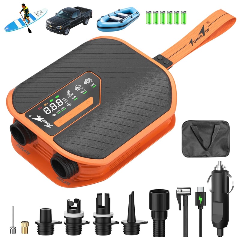 Akumulátorová pumpa na paddleboard TowerTop, 10500 mAh, 50 PSI, dvojstupňová elektrická pumpa 12 V s 8 nadstavcami na paddleboard, kajak, auto, tyrkysová