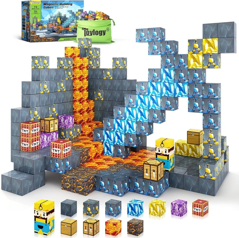 Toylogy Mágneses Építőkockák - 72 db-os Bányavilág Kard Készlet, Kreatív STEM Játék 3+ Éves Gyerekeknek, Kompatibilis 2,5 cm-es Kockákkal
