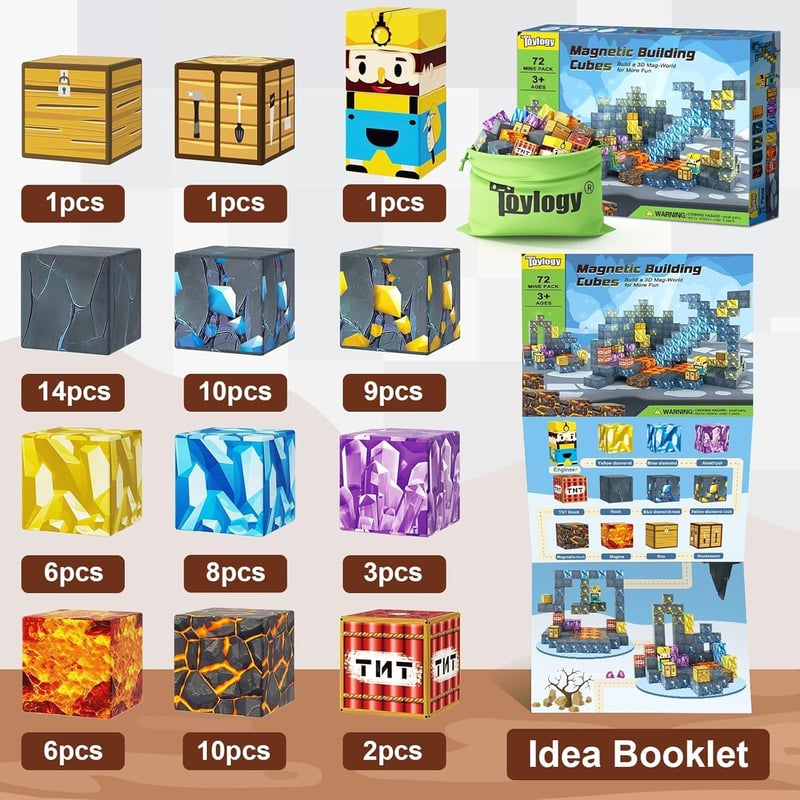 Toylogy Mágneses Építőkockák - 72 db-os Bányavilág Kard Készlet, Kreatív STEM Játék 3+ Éves Gyerekeknek, Kompatibilis 2,5 cm-es Kockákkal