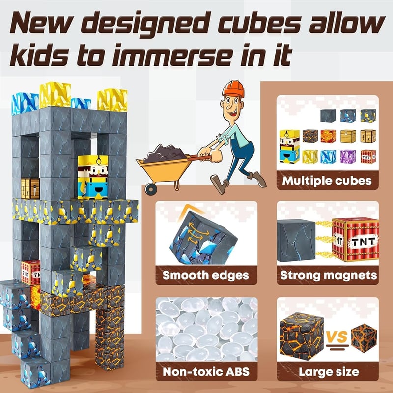 Toylogy Mágneses Építőkockák - 72 db-os Bányavilág Kard Készlet, Kreatív STEM Játék 3+ Éves Gyerekeknek, Kompatibilis 2,5 cm-es Kockákkal