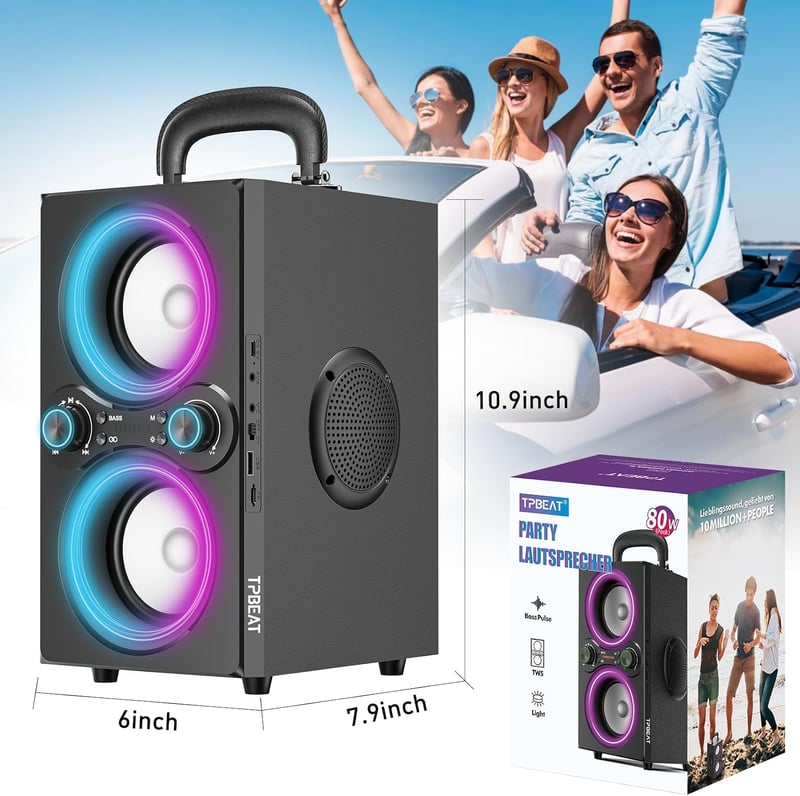 TPBEAT 80 W Bluetooth party hangszóró fekete, TWS sztereó, Bass Boost, fények, mikrofon bemenet, USB TF AUX
