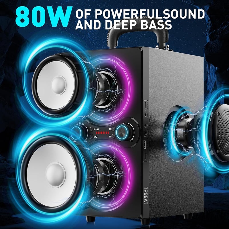 TPBEAT 80 W Bluetooth party hangszóró fekete, TWS sztereó, Bass Boost, fények, mikrofon bemenet, USB TF AUX