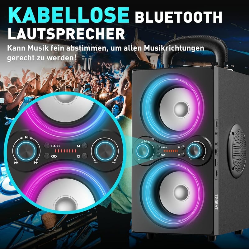 TPBEAT 80 W Bluetooth party hangszóró fekete, TWS sztereó, Bass Boost, fények, mikrofon bemenet, USB TF AUX