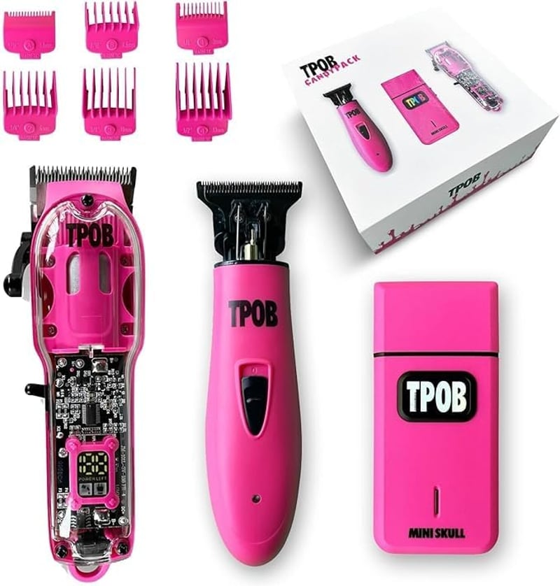 Set Profesional de Tuns TPOB Slime 2 pentru Bărbați - Trimmer și Aparat de Ras cu Folie, 6800 RPM, Candy Pink, Carcasă Mată și Lamă X Fade
