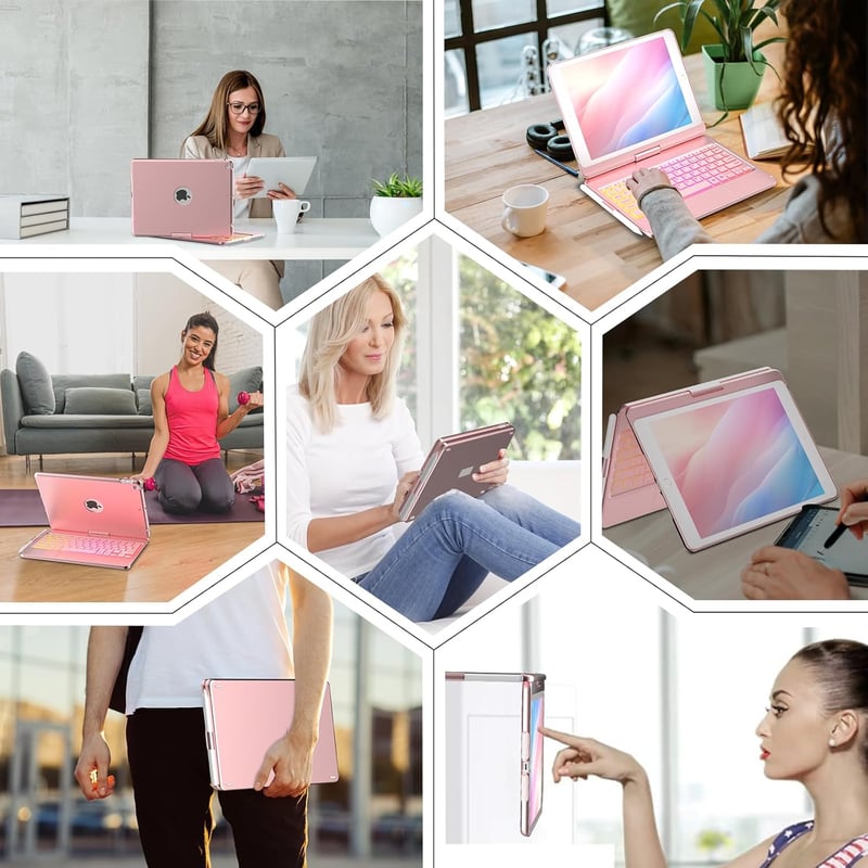 TQQ Billentyűzetes Tok iPad 10.2 Hüvelyk Trackpad-del, 360° Forgatható, 10 Színű Háttérvilágítás, Német QWERTZ Kiosztás, Rozé Arany