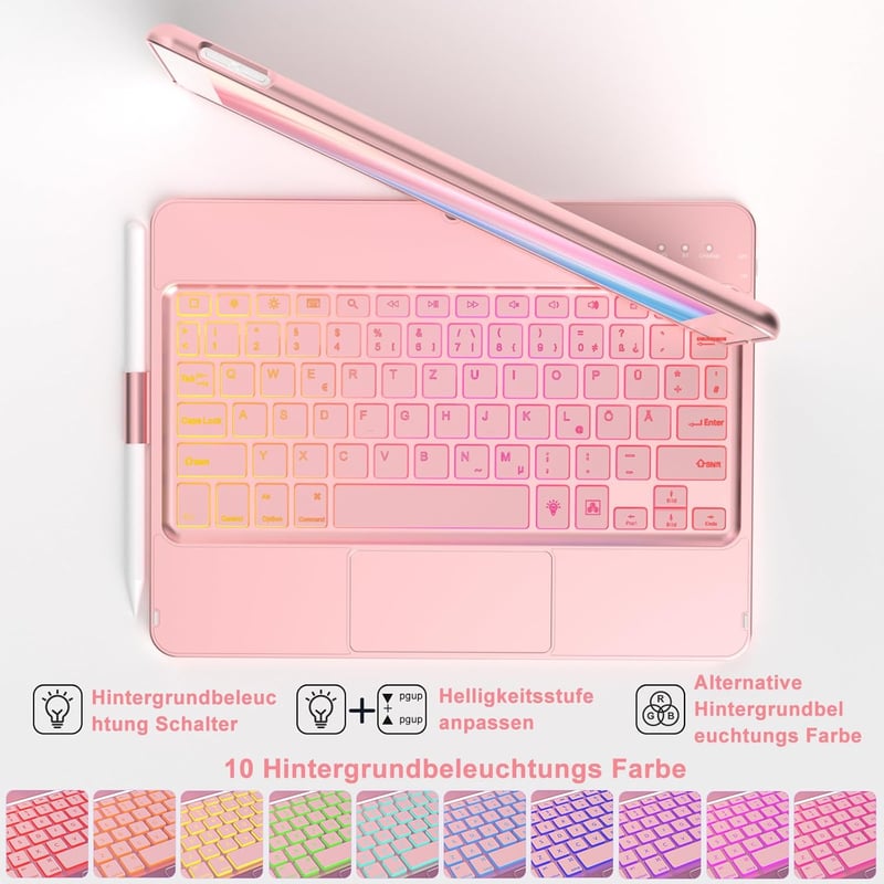 TQQ Billentyűzetes Tok iPad 10.2 Hüvelyk Trackpad-del, 360° Forgatható, 10 Színű Háttérvilágítás, Német QWERTZ Kiosztás, Rozé Arany