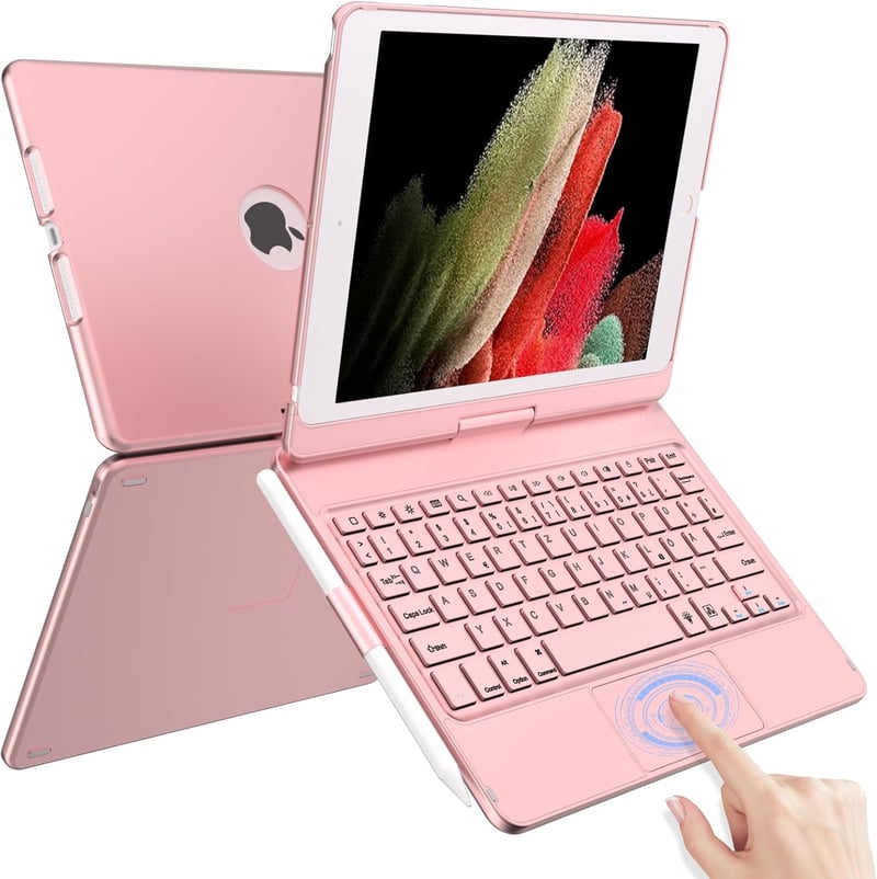 TQQ Billentyűzetes Tok iPad 10.2 Hüvelyk Trackpad-del, 360° Forgatható, 10 Színű Háttérvilágítás, Német QWERTZ Kiosztás, Rozé Arany