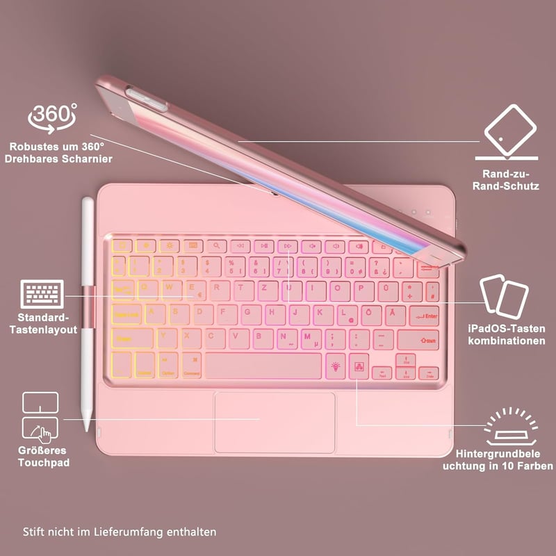 TQQ Billentyűzetes Tok iPad 10.2 Hüvelyk Trackpad-del, 360° Forgatható, 10 Színű Háttérvilágítás, Német QWERTZ Kiosztás, Rozé Arany