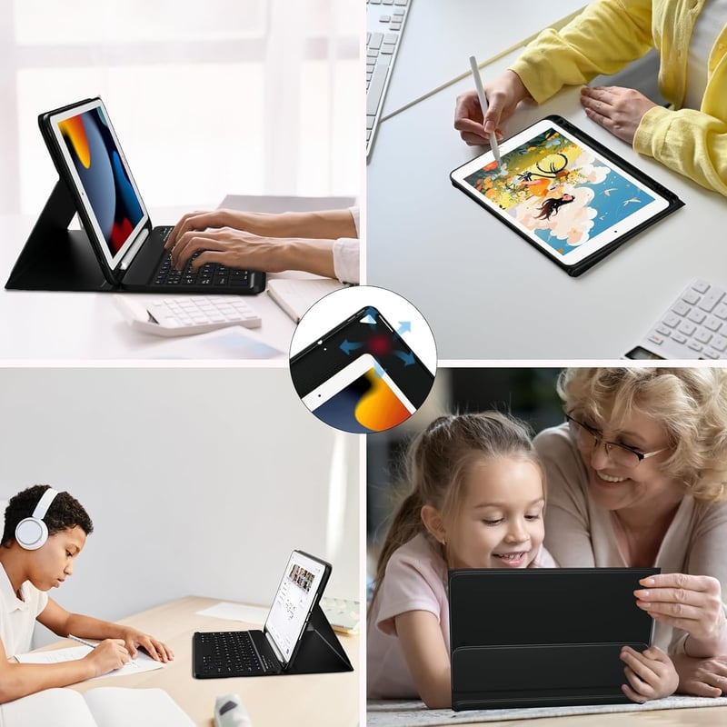 TQQ iPad 10.2 9th/8th/7th generáció Bluetooth billentyűzet tok ceruzatartóval