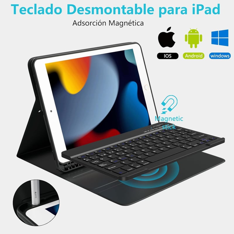 TQQ iPad 10.2 9th/8th/7th generáció Bluetooth billentyűzet tok ceruzatartóval
