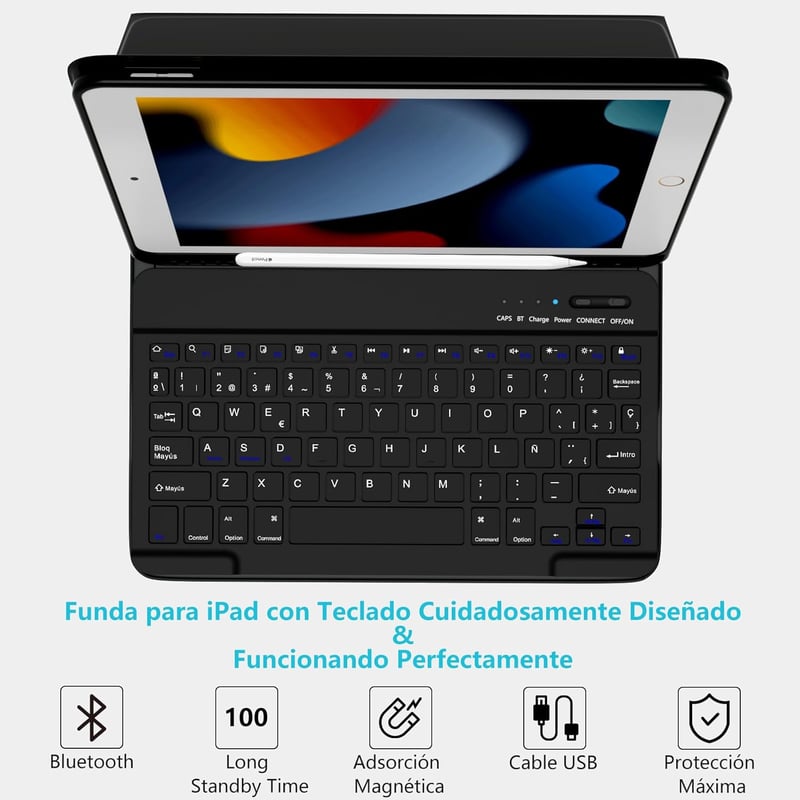 TQQ iPad 10.2 9th/8th/7th generáció Bluetooth billentyűzet tok ceruzatartóval