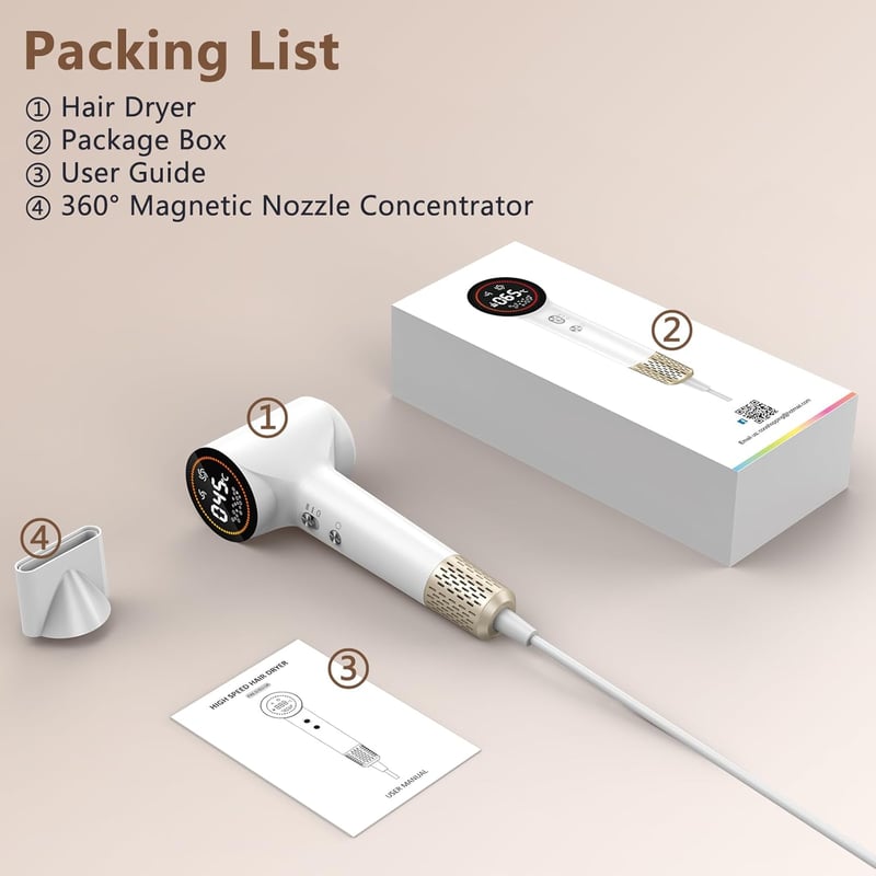 TQQ Plazma Ionos Hajszárító 110000 rpm Brushless Motor Csendes Gyors Szárítás - Pearl White