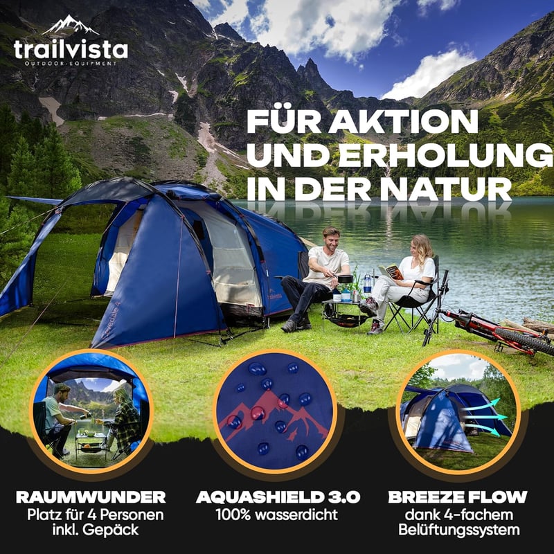 Trailvista Tunnelsátor 4 Személyes Vízálló Kék Kemping Sátor Előtérrel, Gyors Felállítás, UV Védelem, Szúnyogháló - Blue - 4 people