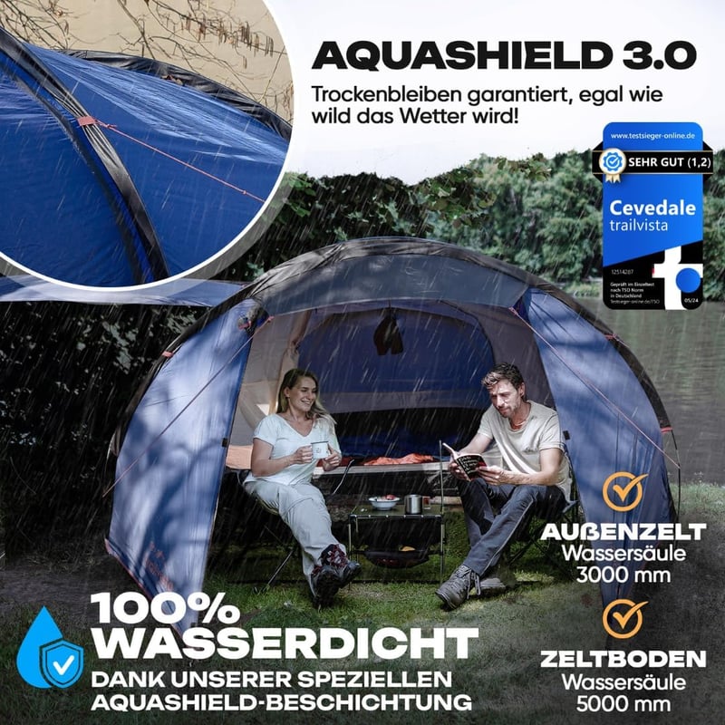 Trailvista Tunnelsátor 4 Személyes Vízálló Kék Kemping Sátor Előtérrel, Gyors Felállítás, UV Védelem, Szúnyogháló - Blue - 4 people
