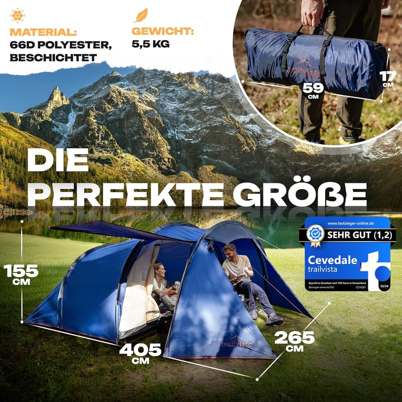 Trailvista Tunnelsátor 4 Személyes Vízálló Kék Kemping Sátor Előtérrel, Gyors Felállítás, UV Védelem, Szúnyogháló - Blue - 4 people