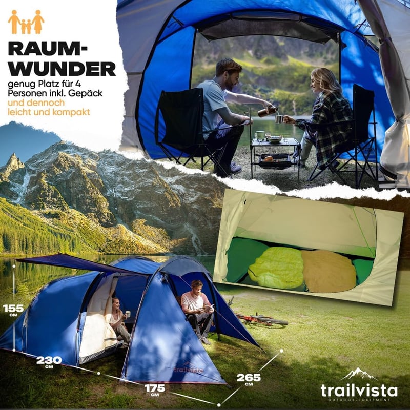 Trailvista Tunnelsátor 4 Személyes Vízálló Kék Kemping Sátor Előtérrel, Gyors Felállítás, UV Védelem, Szúnyogháló - Blue - 4 people