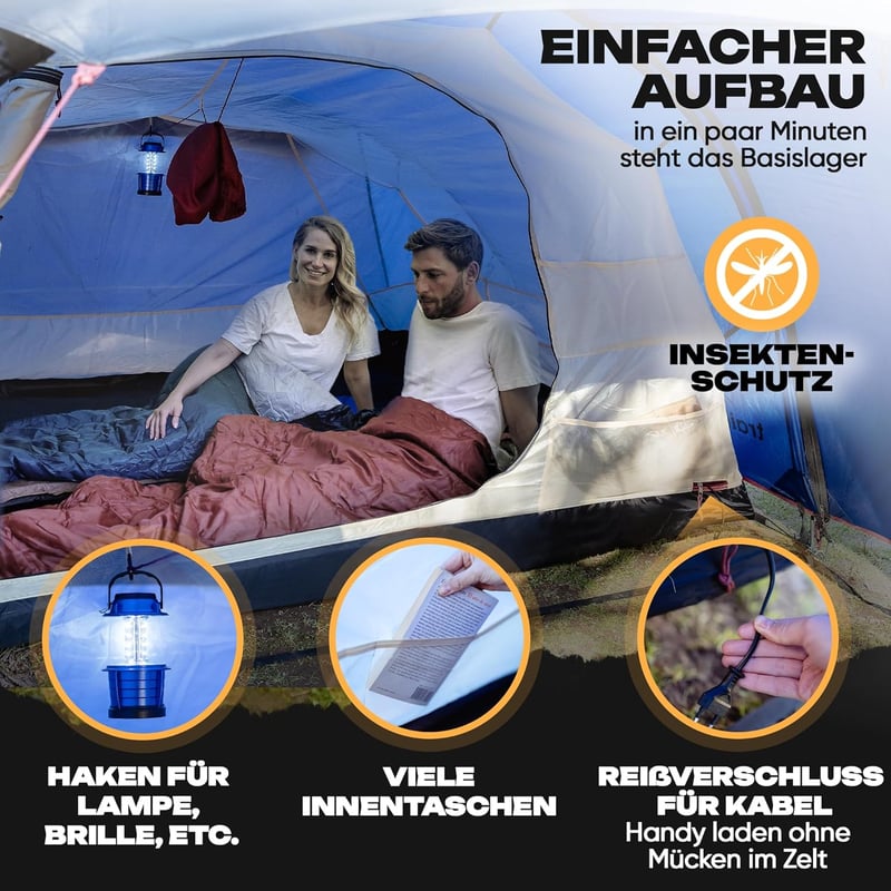 Trailvista Tunnelsátor 4 Személyes Vízálló Kék Kemping Sátor Előtérrel, Gyors Felállítás, UV Védelem, Szúnyogháló - Blue - 4 people