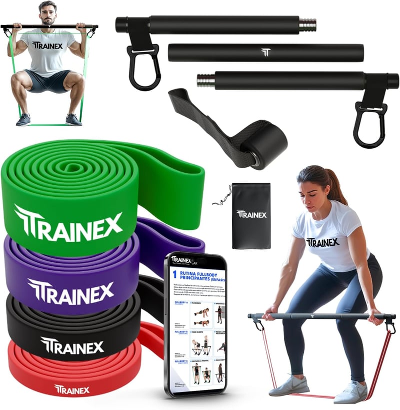 TRAINEX Edzőrúd Szett 4 Ellenállási Szinttel - Ajtórögzítővel és Latex Gumiszalagokkal Erőnléti Edzéshez, Fitness Gyakorlatokhoz, Otthoni To