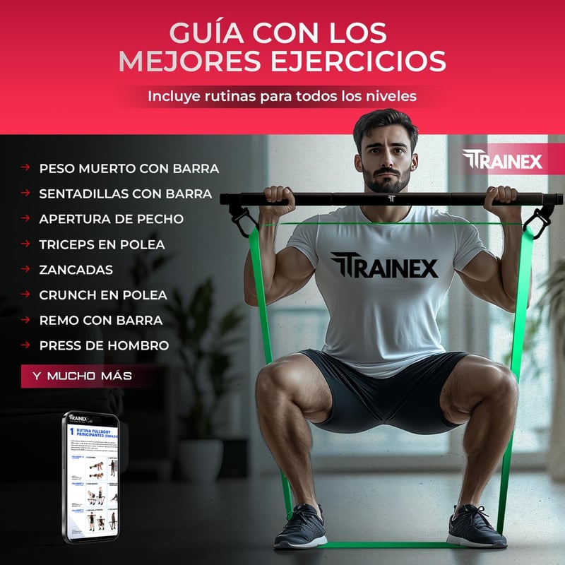 TRAINEX Edzőrúd Szett 4 Ellenállási Szinttel - Ajtórögzítővel és Latex Gumiszalagokkal Erőnléti Edzéshez, Fitness Gyakorlatokhoz, Otthoni To