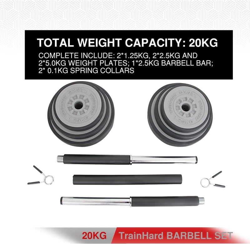 TrainHard 20 kg súlyzó szett rugós zárakkal, 140 cm hosszú barbell rúd edzéshez