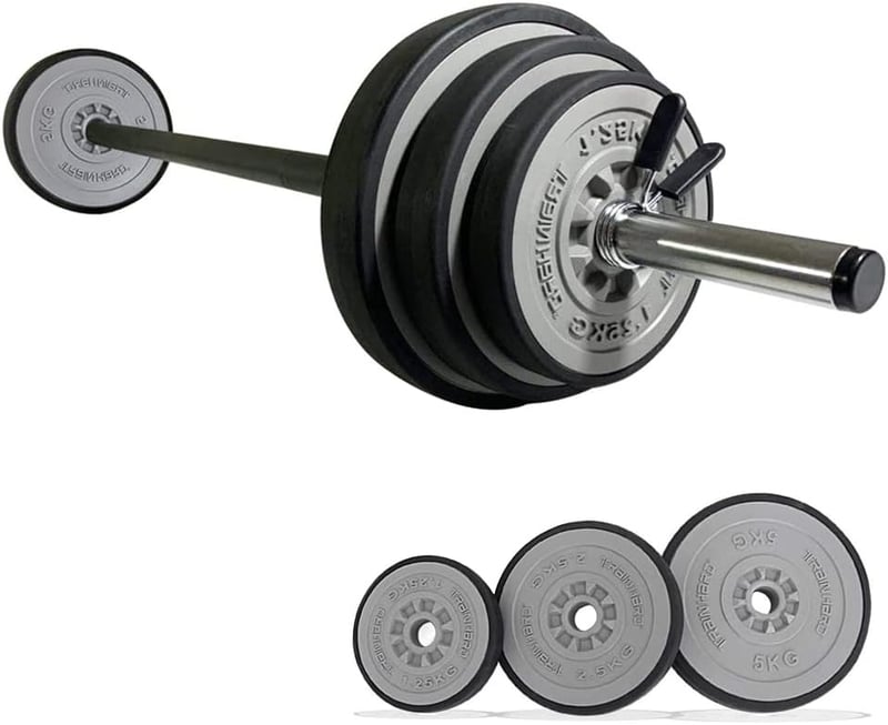 TrainHard 20 kg súlyzó szett rugós zárakkal, 140 cm hosszú barbell rúd edzéshez
