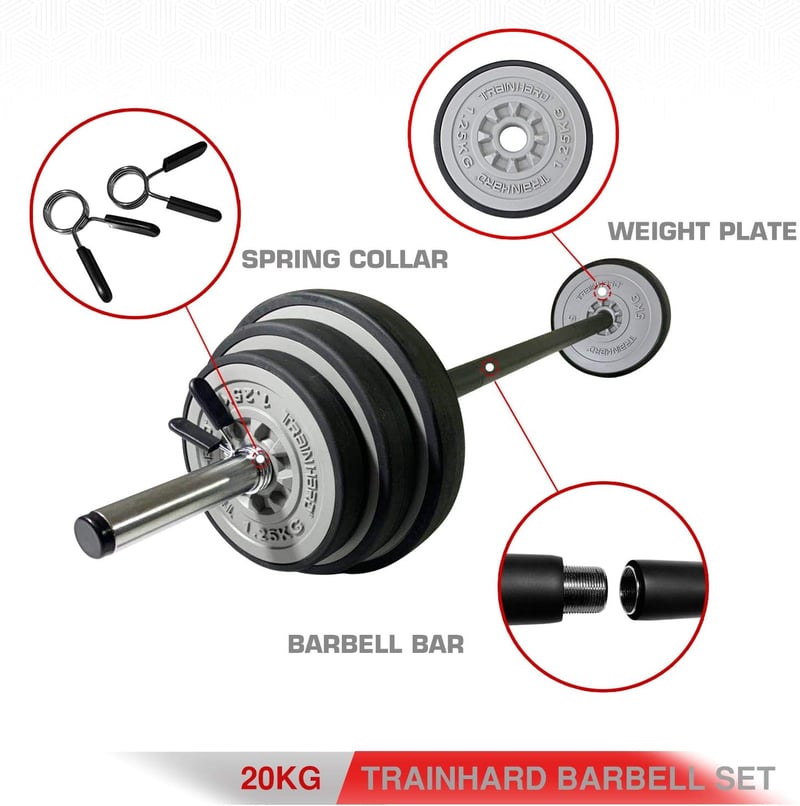 TrainHard 20 kg súlyzó szett rugós zárakkal, 140 cm hosszú barbell rúd edzéshez