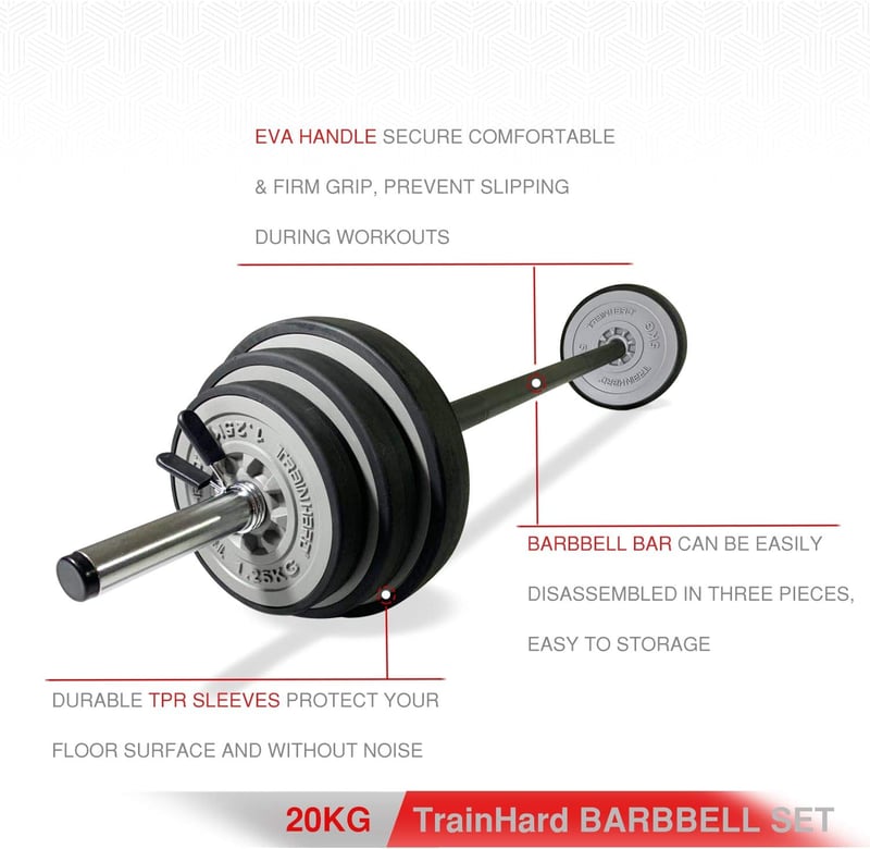 TrainHard 20 kg súlyzó szett rugós zárakkal, 140 cm hosszú barbell rúd edzéshez
